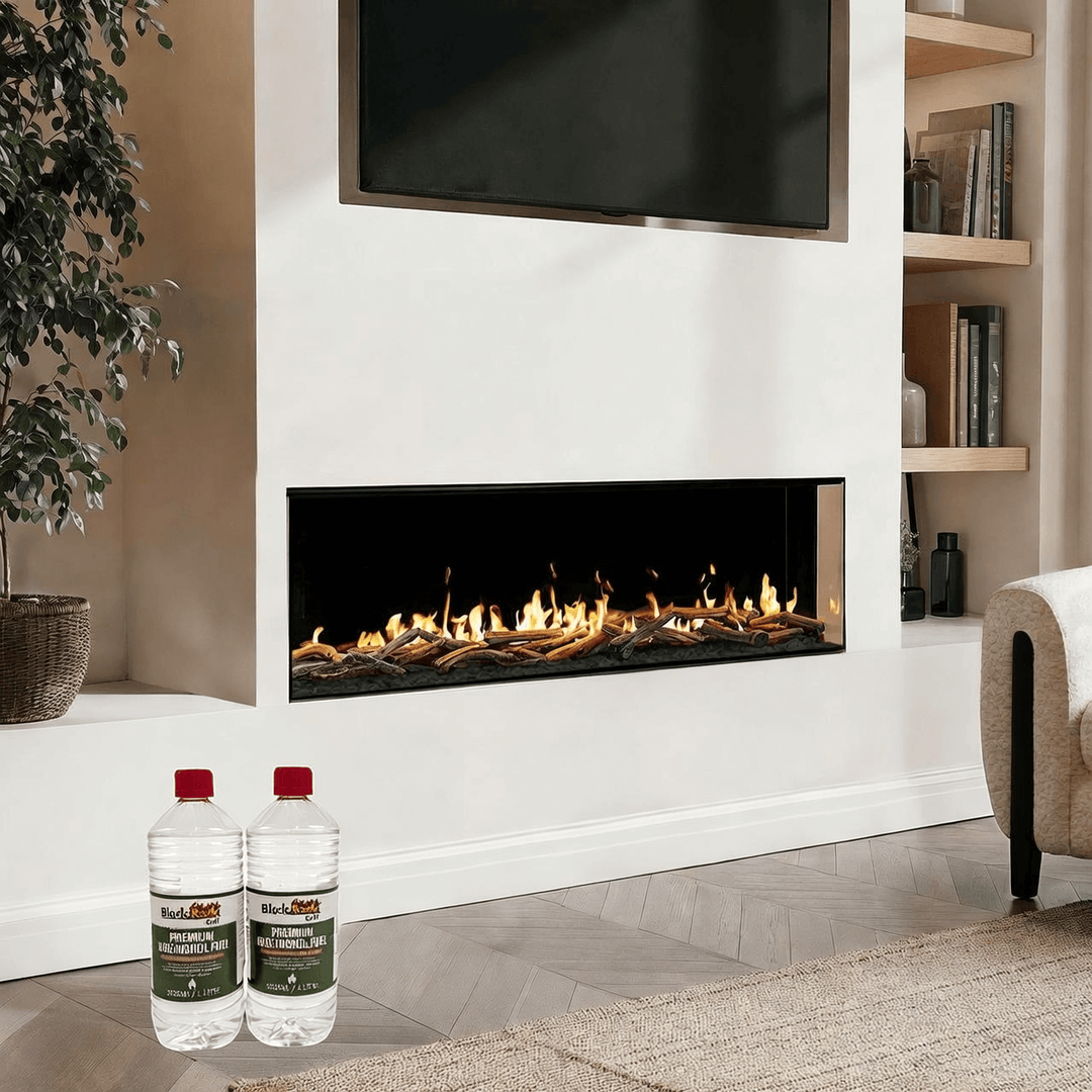 A modern living room with a built-in rectangular fireplace fueled by Black Rock Grill Premium Bioethanol Fuel, a TV above, shelves, a plant, and two 1L bottles of Black Rock Grill’s plant-based, clean-burning bioethanol on the floor in front.