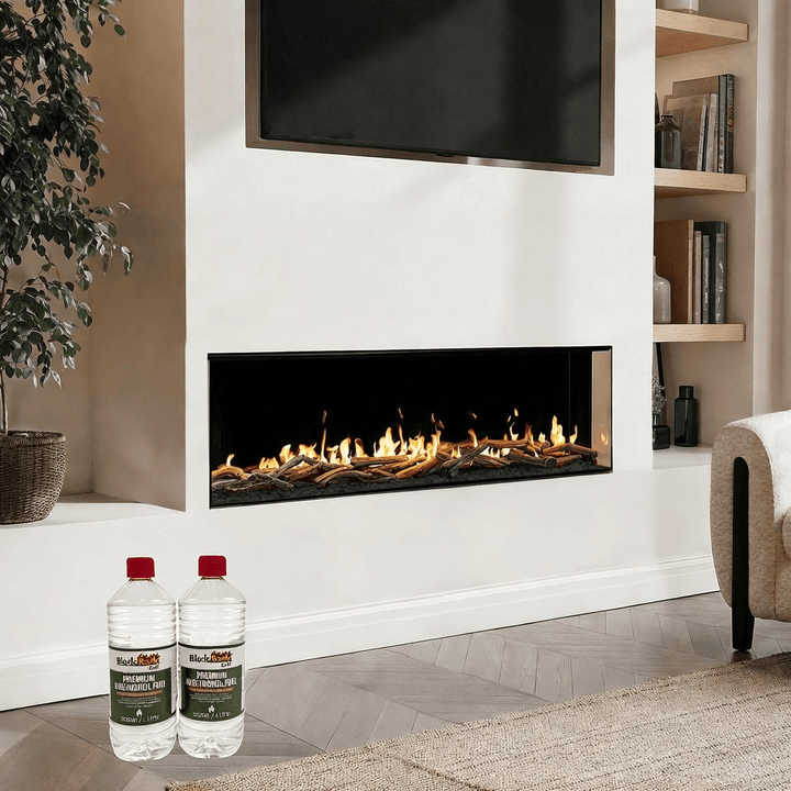 A modern living room with a built-in rectangular fireplace fueled by Black Rock Grill Premium Bioethanol Fuel, a TV above, shelves, a plant, and two 1L bottles of Black Rock Grill’s plant-based, clean-burning bioethanol on the floor in front.