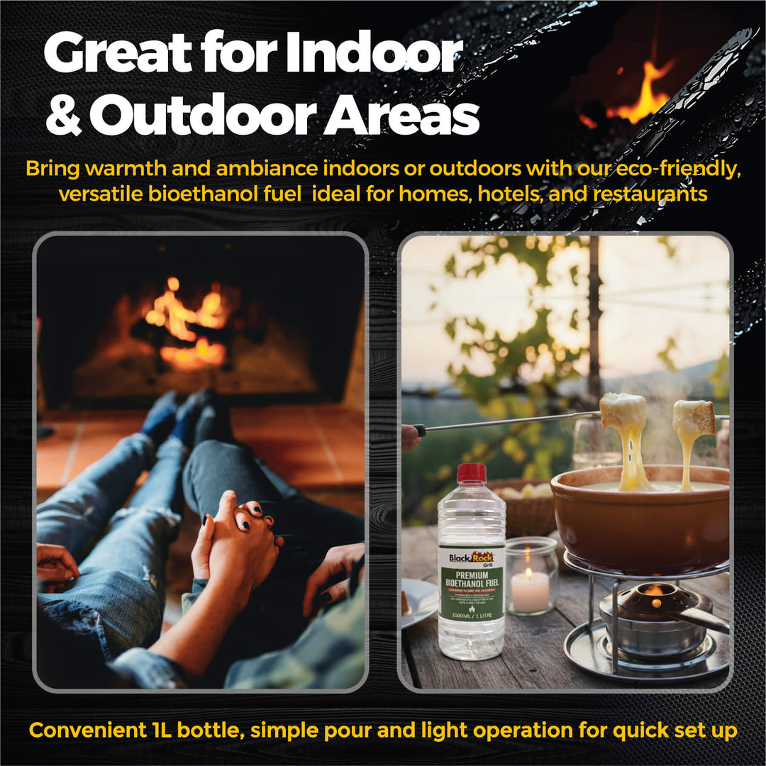 Two photos: one shows a couple holding hands by an indoor fireplace, the other features a fondue set outdoors with Black Rock Grill Premium Bioethanol Fuel next to it, mountains and sunset in the background.