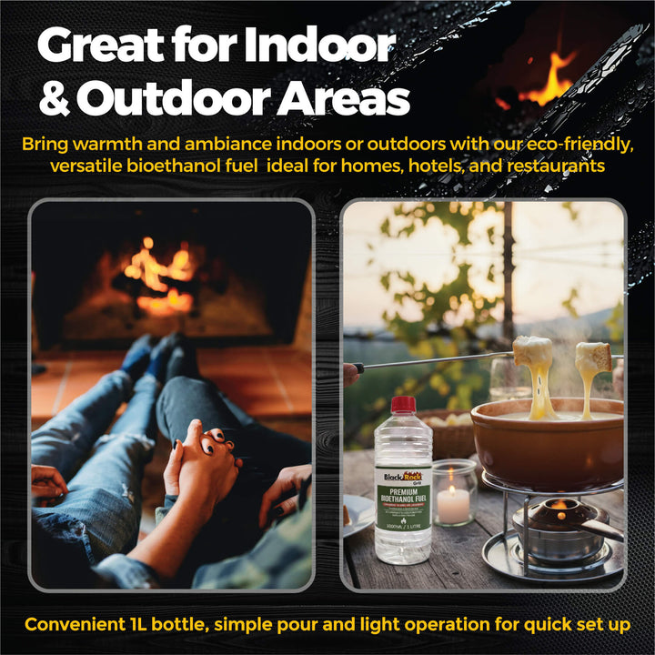Two photos: one shows a couple holding hands by an indoor fireplace, the other features a fondue set outdoors with Black Rock Grill Premium Bioethanol Fuel next to it, mountains and sunset in the background.