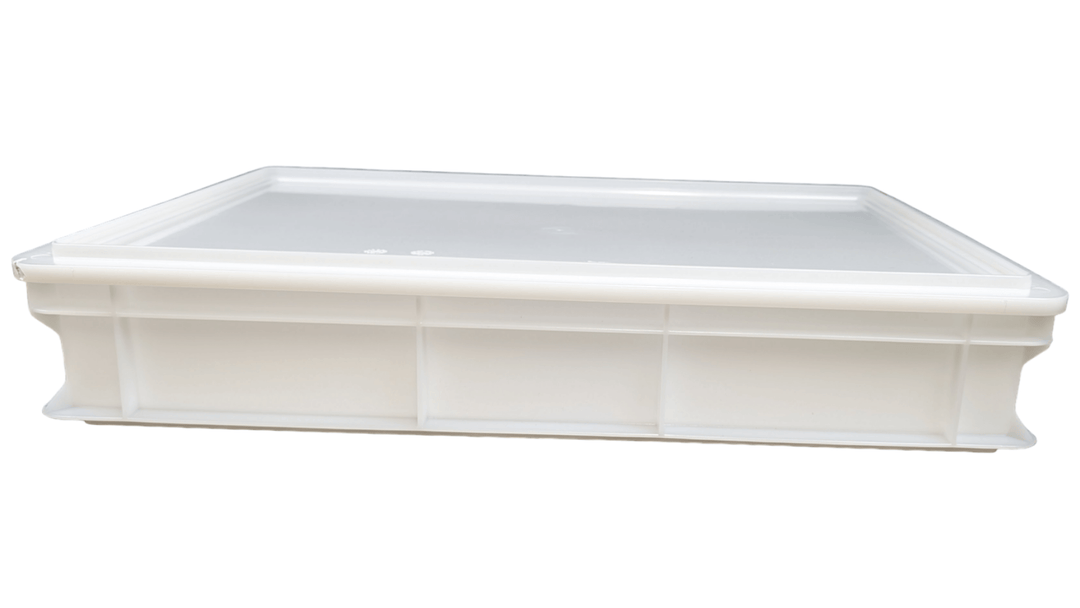 side view of white plastic dough box and lid 60x40x10cm