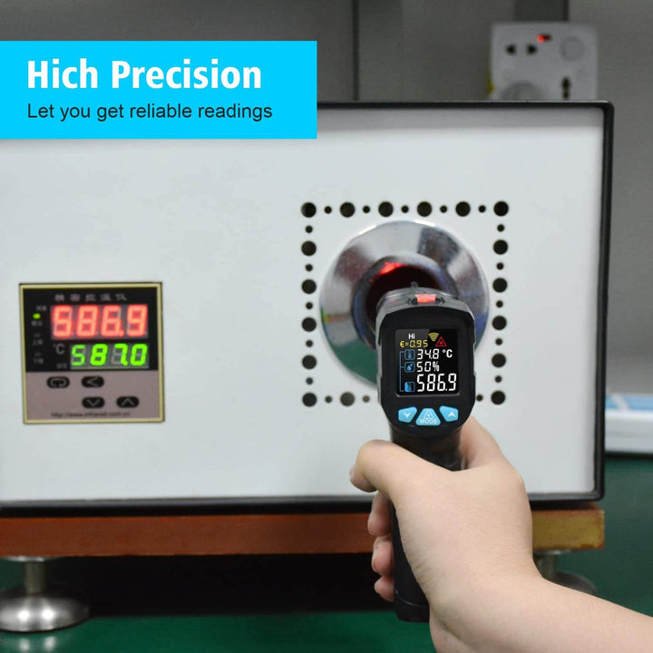 A hand holds the Black Rock Grill Infrared Thermometer Digital Laser IR Temperature Gun, displaying 508.9°C and aimed at a device showing 588.9°C and 587.0°C. A blue overlay reads, High Precision, highlighting its reliable non-contact temperature readings with advanced laser technology.