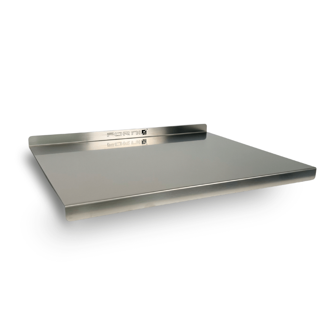 The Effeuno Stainless Steel Pizza Prep Board, crafted from durable AISI 304 and measuring 50cm, serves as a sleek pizza-making tool. Its modern design features the Effeuno brand displayed on the small raised back edge against a plain white background.