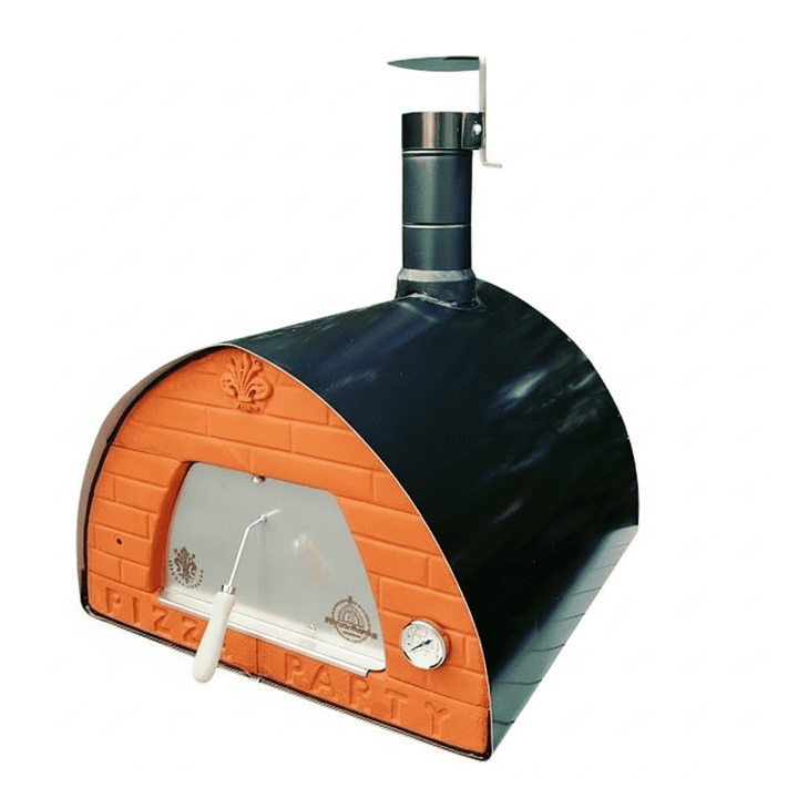 A portable outdoor pizza party pizza oven in gunmetal black finish over the curved body, an orange brick-pattern, and a stainless steel door, a metal chimney stack, and a thermometer, shown on a plain white background.