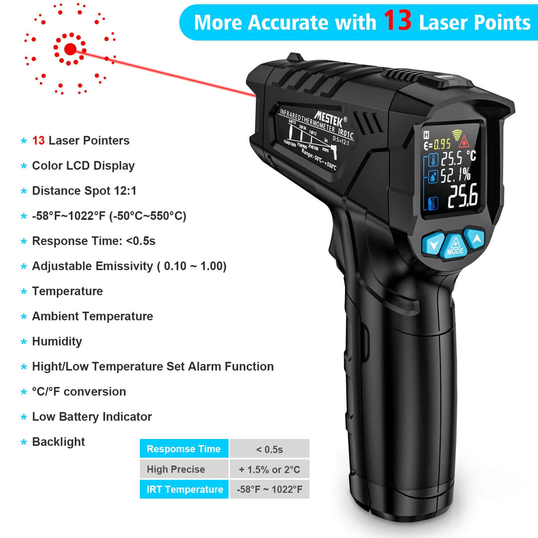 The Black Rock Grill Infrared Thermometer features a color LCD, 13-point laser, and a 12:1 distance spot ratio for precise non-contact temperature readings. It measures ambient temperature and humidity with a range of -58°F to 1022°F. Ideal for cooking and industrial use, it offers quick response time.