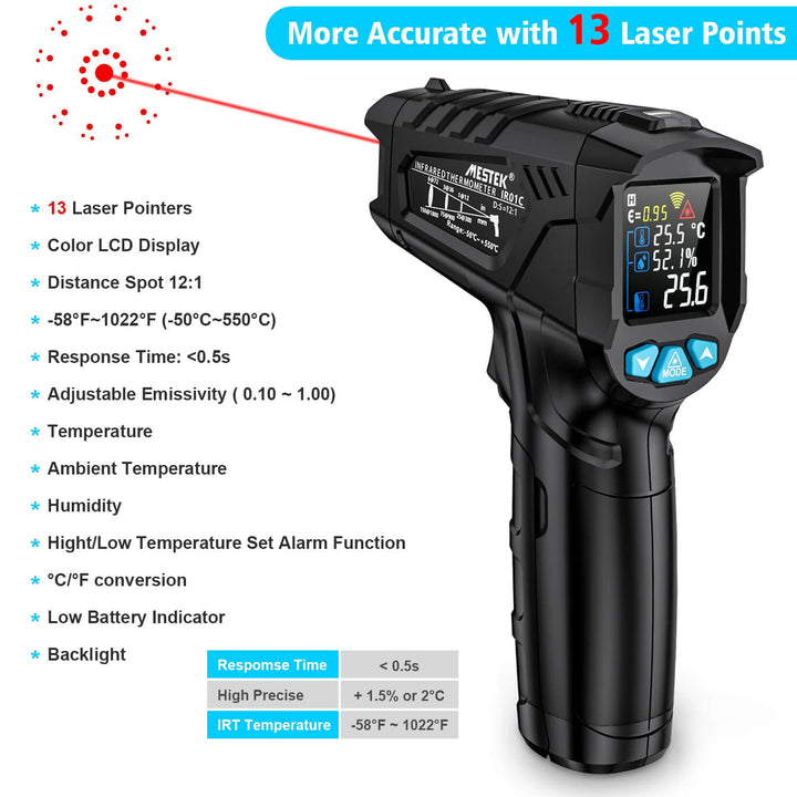 The Black Rock Grill Infrared Thermometer features a color LCD, 13-point laser, and a 12:1 distance spot ratio for precise non-contact temperature readings. It measures ambient temperature and humidity with a range of -58°F to 1022°F. Ideal for cooking and industrial use, it offers quick response time.