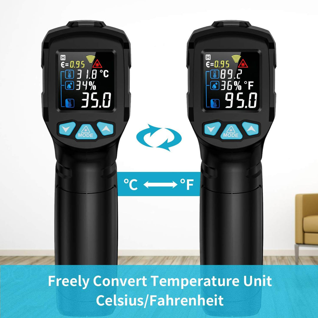 Two Black Rock Grill infrared digital laser thermometers feature a color LCD display showing Celsius/Fahrenheit readings with icons for measurement and arrows for easy unit conversion. Non-contact design and laser tech ensure precision. Text on the screen: Freely Convert Temperature Unit Celsius/Fahrenheit.