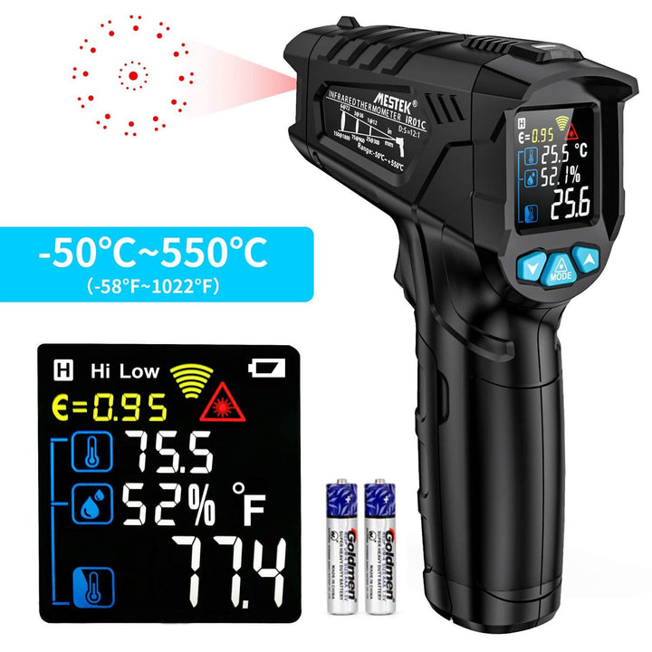 The Black Rock Grill Infrared Thermometer, with advanced laser technology, offers precise readings from -50℃ to 550℃. It includes two AA batteries and a color LCD display with temperature metrics and modes for cooking and industrial use.