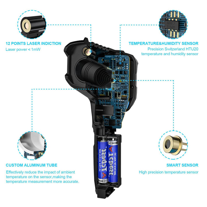 The Black Rock Grill Infrared Thermometer features labeled cutaway sections, a 12-point laser, temperature/humidity sensors, a custom aluminum tube, and smart technology. Powered by an AA battery, it uses advanced laser tech for non-contact reading on high/low alarms with adjustable emissivity and a color LCD.