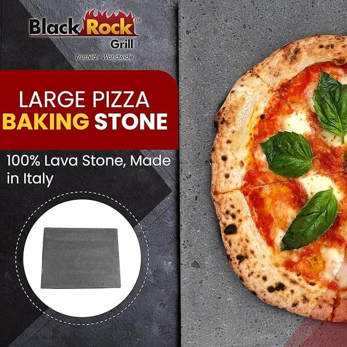 large pizza and bread baking stone image of product birds eye view and close up 