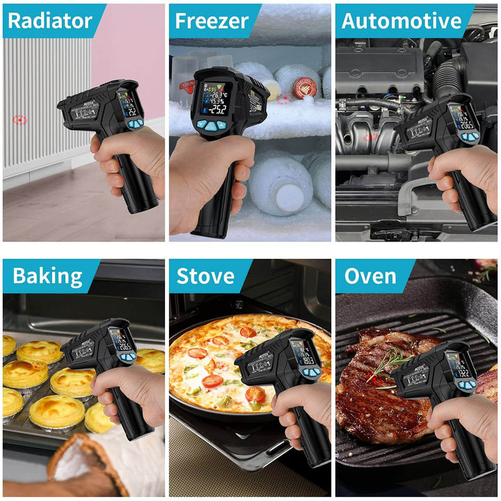 Six images feature the Black Rock Grill Infrared Thermometer, demonstrating its use in measuring a radiator, freezer, and car engine; checking pastries in an oven, pizza on a stove, and steak on a grill with precision using advanced laser technology.