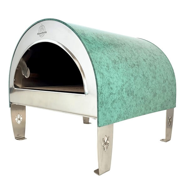 The Pizza Party Ardore Aquamarine outdoor gas pizza oven with a curved dome exterior, flat feet, and an open interior, shown on a plain white background.