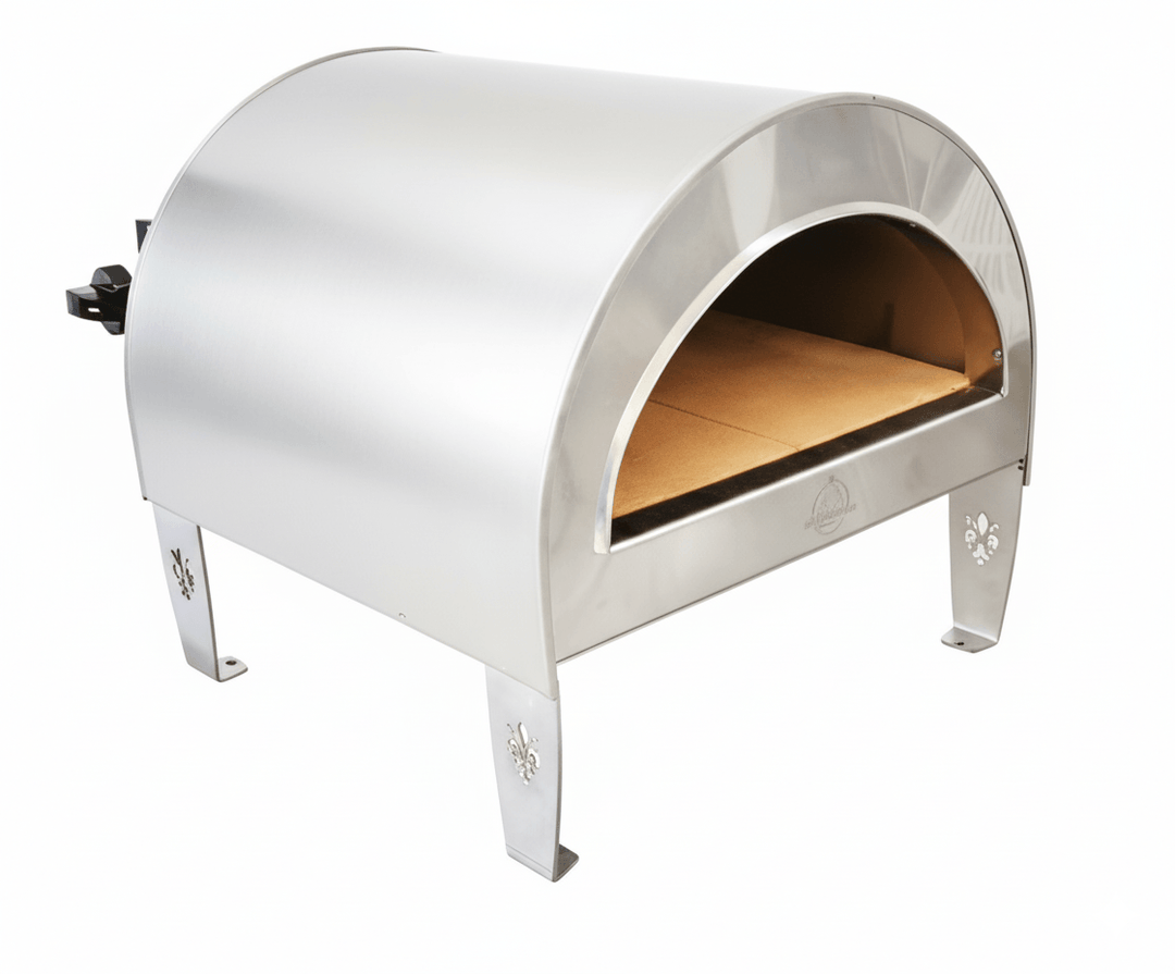 The Pizza Party Ardore Bright Silver outdoor gas pizza oven with a curved dome exterior, flat feet, and an open interior, shown on a plain white background.
