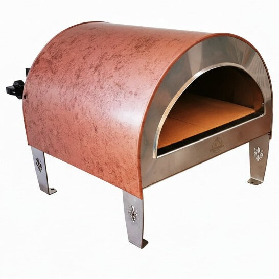 The Pizza Party Ardore Antique Copper outdoor gas pizza oven with a curved dome exterior, flat feet, and an open interior, shown on a plain white background.