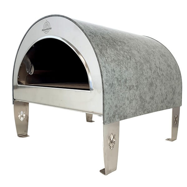 The Pizza Party Ardore Pearl outdoor gas pizza oven with a curved dome exterior, flat feet, and an open interior, shown on a plain white background.
