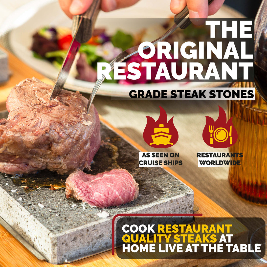 A person expertly slices steak on a Black Rock Grill Hot Steak Stone at the table. The text highlights: The Original Restaurant Grade, As Seen on Cruise Ships, Restaurants Worldwide, and Cook Restaurant Quality Steaks at Home Live at the Table.