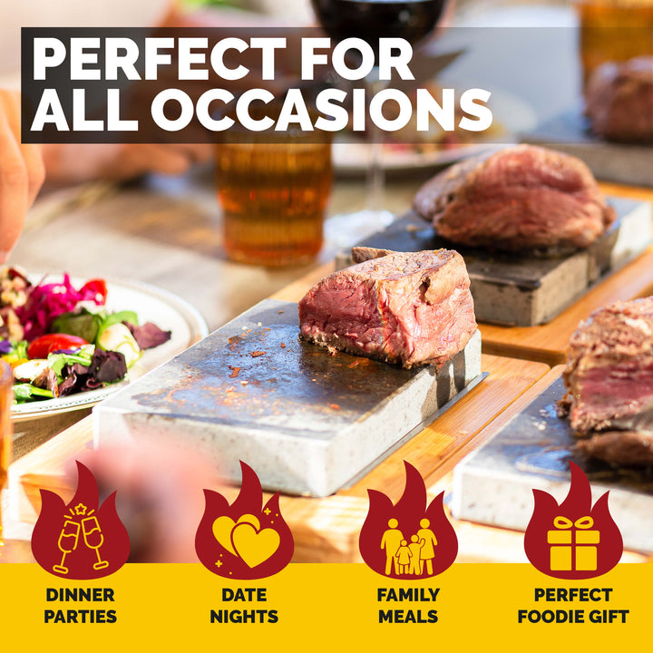 The Black Rock Grill Hot Steak Stones Cooking Rock Gift Set showcases raw meat sizzling on a steak stone, accompanied by drinks and salad. The text Perfect for All Occasions is accented with icons for dinner parties, date nights, family meals, and foodie gifts.