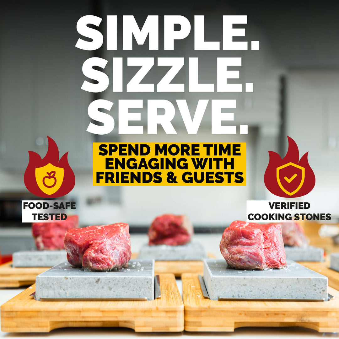 Four pieces of raw meat sizzle on Black Rock Grill Hot Steak Stones in a kitchen. Text reads Simple. Sizzle. Serve. Emphasizing socializing, the display highlights the safety certification of these cooking tools by Black Rock Grill.