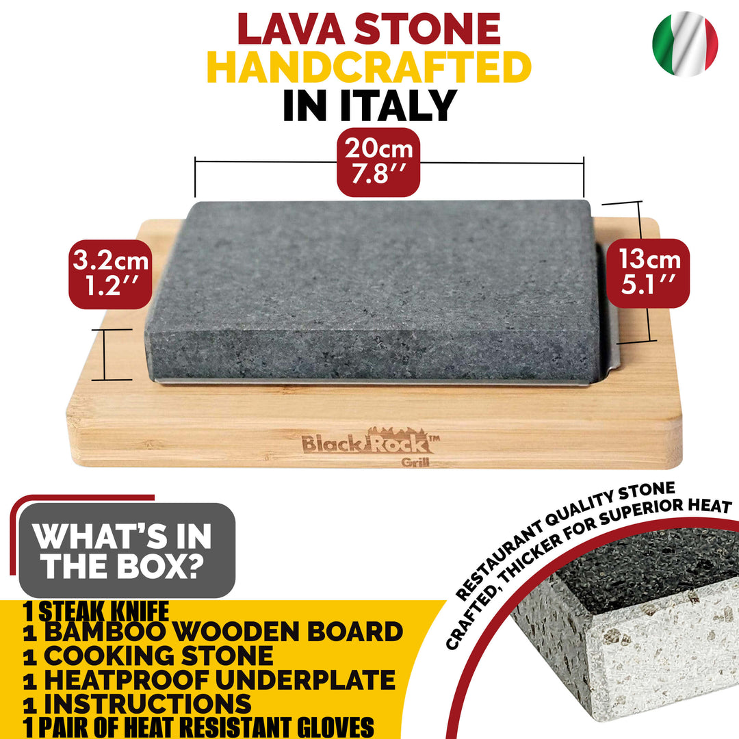 Enjoy the art of hot stone cooking with the Black Rock Grill Hot Steak Stones Cooking Rock Gift Set. Featuring a 20x13x3.2cm lava stone on a bamboo board, it includes a steak knife, heatproof underplate, instructions, gloves and is handcrafted in Italy with an Italian flag icon.