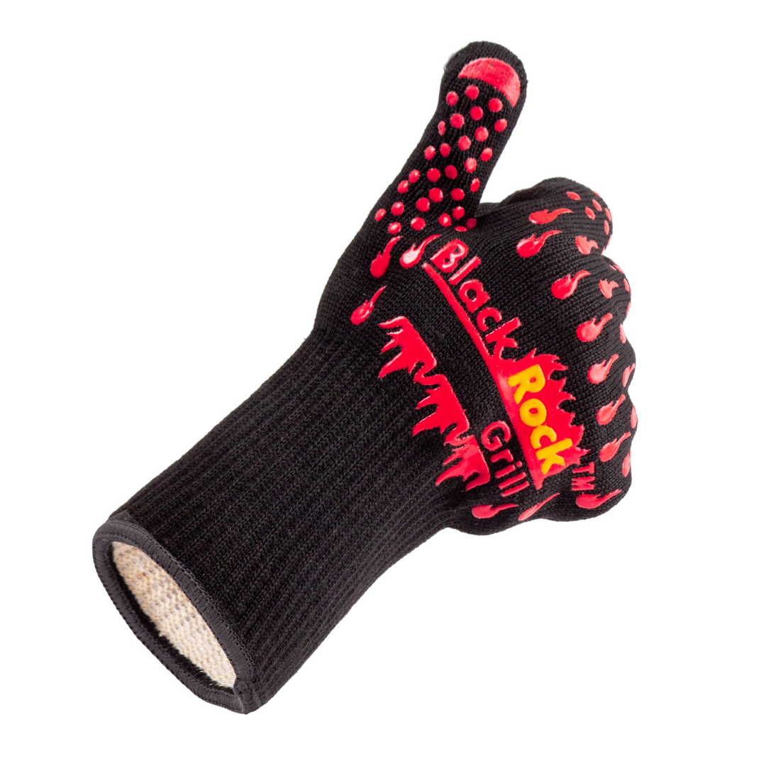 black rock grill logo on the front of the gloves and nice long cuff for extra protection