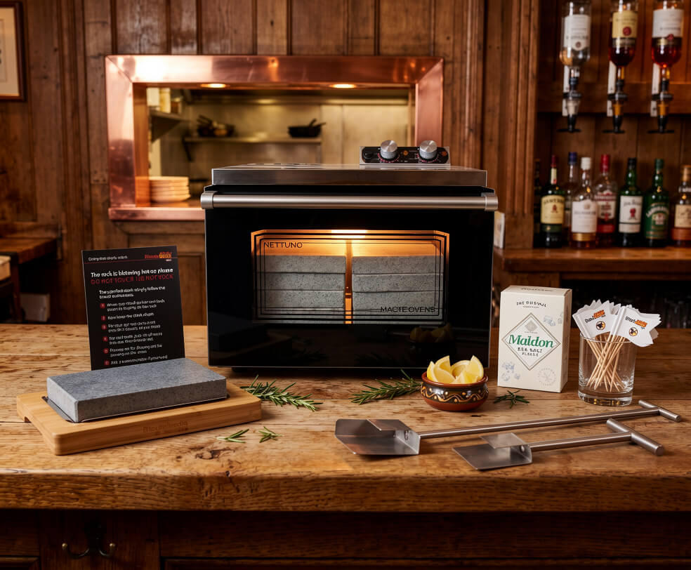 The Black Rock Grill Sizzling Steak Stone 20 Rock Set Summer Matchday Kit sits on a wooden counter with a heated stone, surrounded by cooking tools, Maldon salt, lemon wedges, rosemary, and bottles of alcohol in the background.