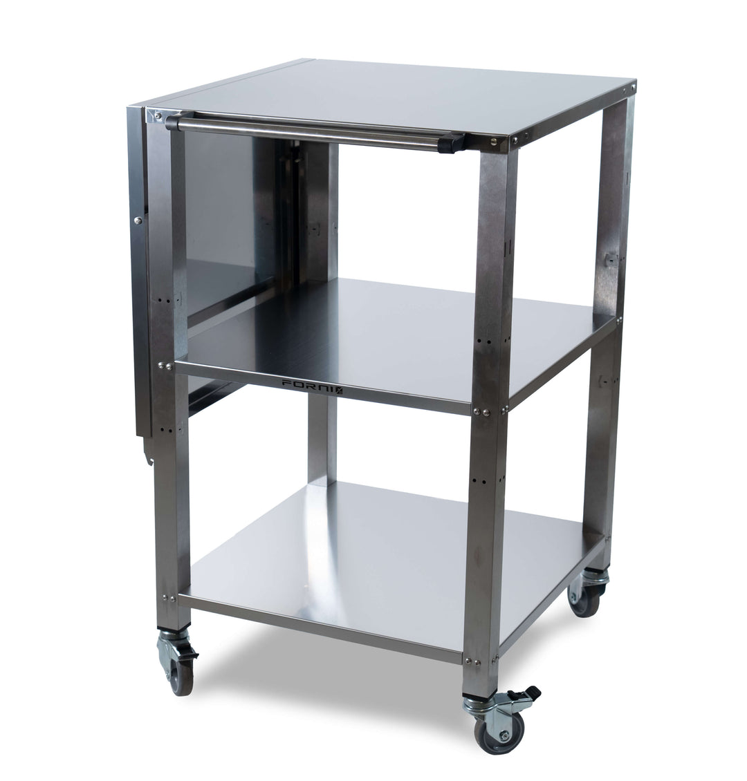 The Effeuno Pizza Oven Stand & Prep Table – CR55 is a stainless steel work trolley with caster wheels, three shelves including an adjustable one, and a handle for easy maneuverability, ideal for versatile applications.