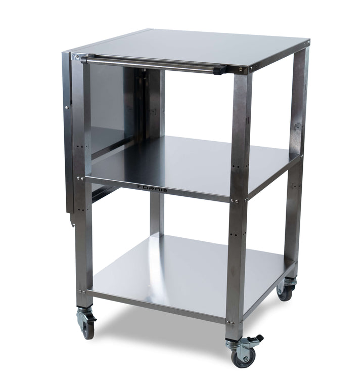 The Effeuno Pizza Oven Stand & Prep Table – CR55 is a stainless steel work trolley with caster wheels, three shelves including an adjustable one, and a handle for easy maneuverability, ideal for versatile applications.