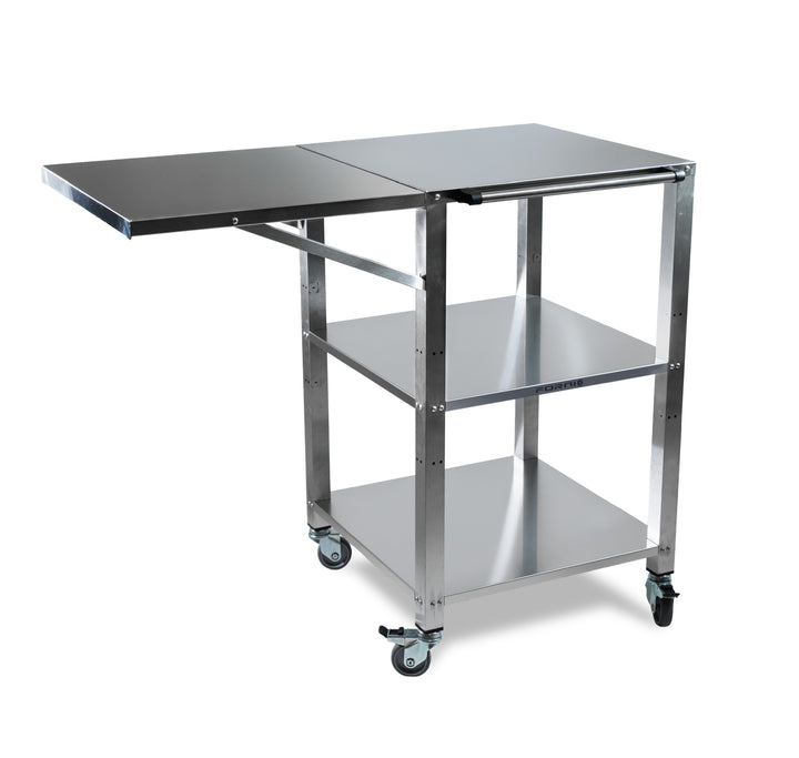 The Effeuno Pizza Oven Stand & Prep Table (CR55) is a versatile stainless steel trolley with three shelves, four wheels, a black top surface with an extendable side leaf, open shelves, and sturdy metal frames.