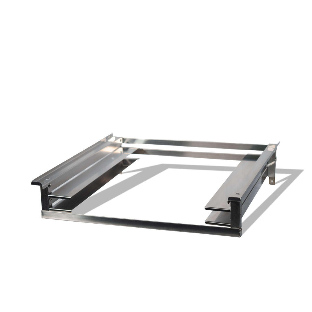 The Black Rock Grill Effeuno Stacking Kit for PRO & Evolution Ovens is a rectangular stainless steel frame with two parallel support bars and side brackets, perfect for safely double mounting ovens, shown on a white background with a faint shadow.