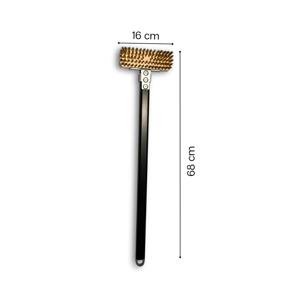 Effeuno Pizza oven brush with black handle and brass bristles, shown on a white background with dimension labels indicating 16 cm width and 68 cm height.