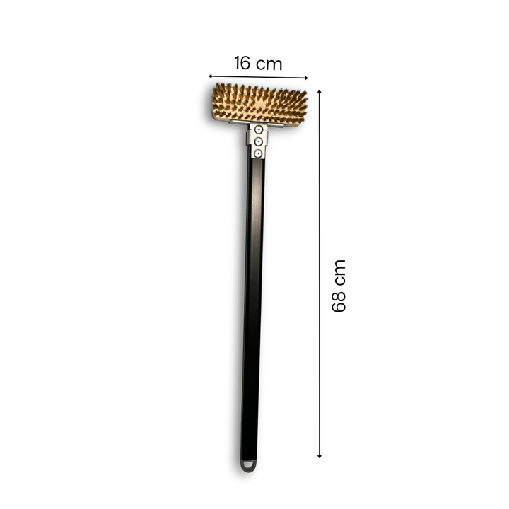 Effeuno Pizza oven brush with black handle and brass bristles, shown on a white background with dimension labels indicating 16 cm width and 68 cm height.