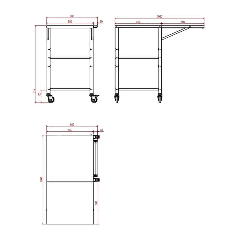 Technical drawing of the Effeuno CR55 Stainless Steel Pizza Oven Portable Stand &amp; Prep Table with three views, detailing height, width, depth, and extended surface dimensions marked by red measurement lines. This Effeuno rolling cart features wheels and an extendable side shelf, making it ideal as a pizza oven stand or as a versatile stainless steel prep table for kitchen use.