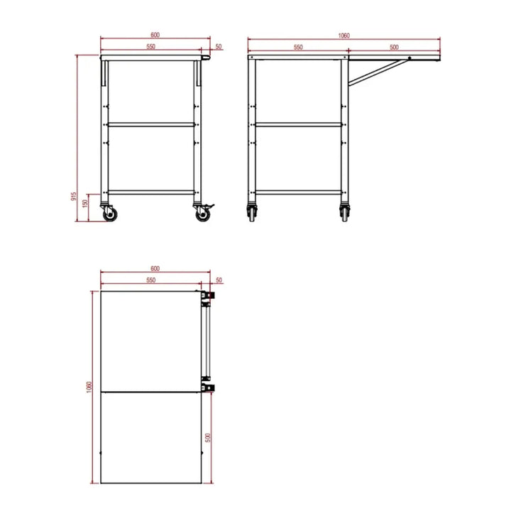 Technical drawing of the Effeuno CR55 Stainless Steel Pizza Oven Portable Stand &amp; Prep Table with three views, detailing height, width, depth, and extended surface dimensions marked by red measurement lines. This Effeuno rolling cart features wheels and an extendable side shelf, making it ideal as a pizza oven stand or as a versatile stainless steel prep table for kitchen use.