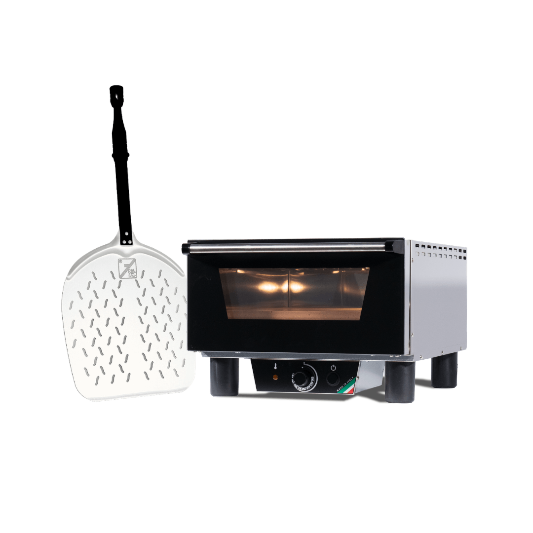 Effeuno N3 electric pizza oven displayed alongside a pizza peel on a seamless white background.