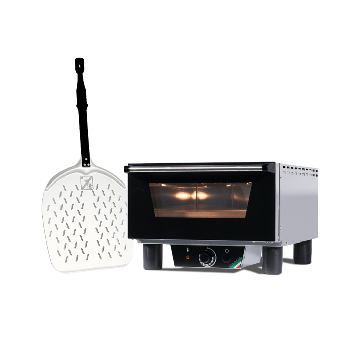 Effeuno N3 electric pizza oven displayed alongside a pizza peel on a seamless white background.
