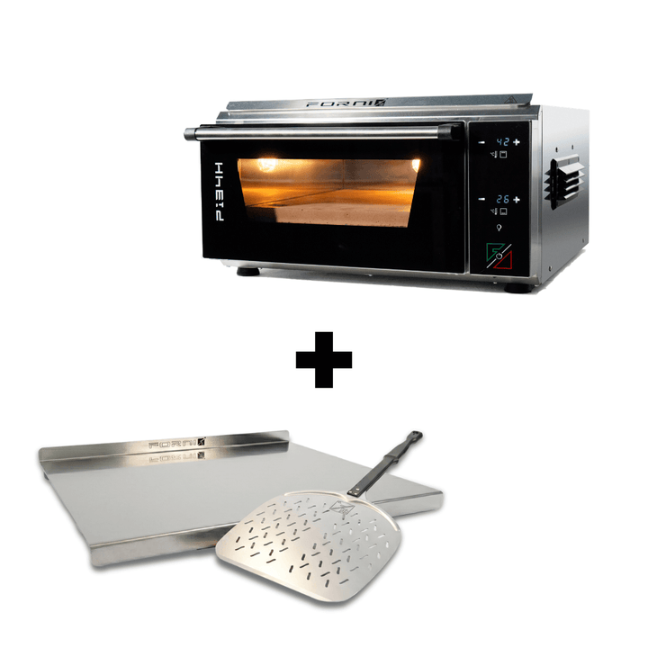 Effeuno P134H PRO electric pizza oven set with an Effeuno pizza peel and kneading board on a clean white background.