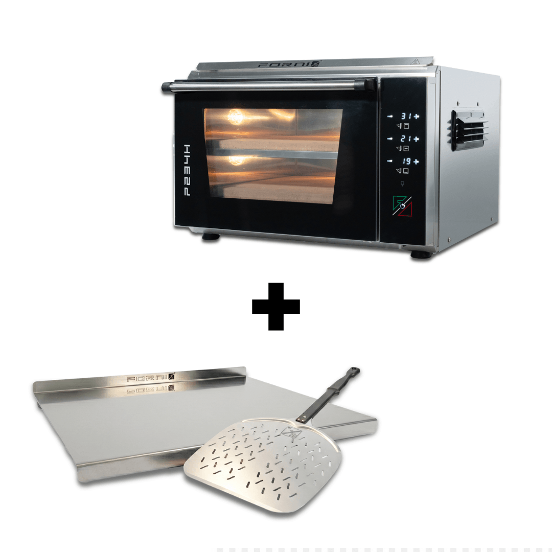 Effeuno P234H PRO electric pizza oven set with an Effeuno pizza peel and kneading board on a clean white background.
