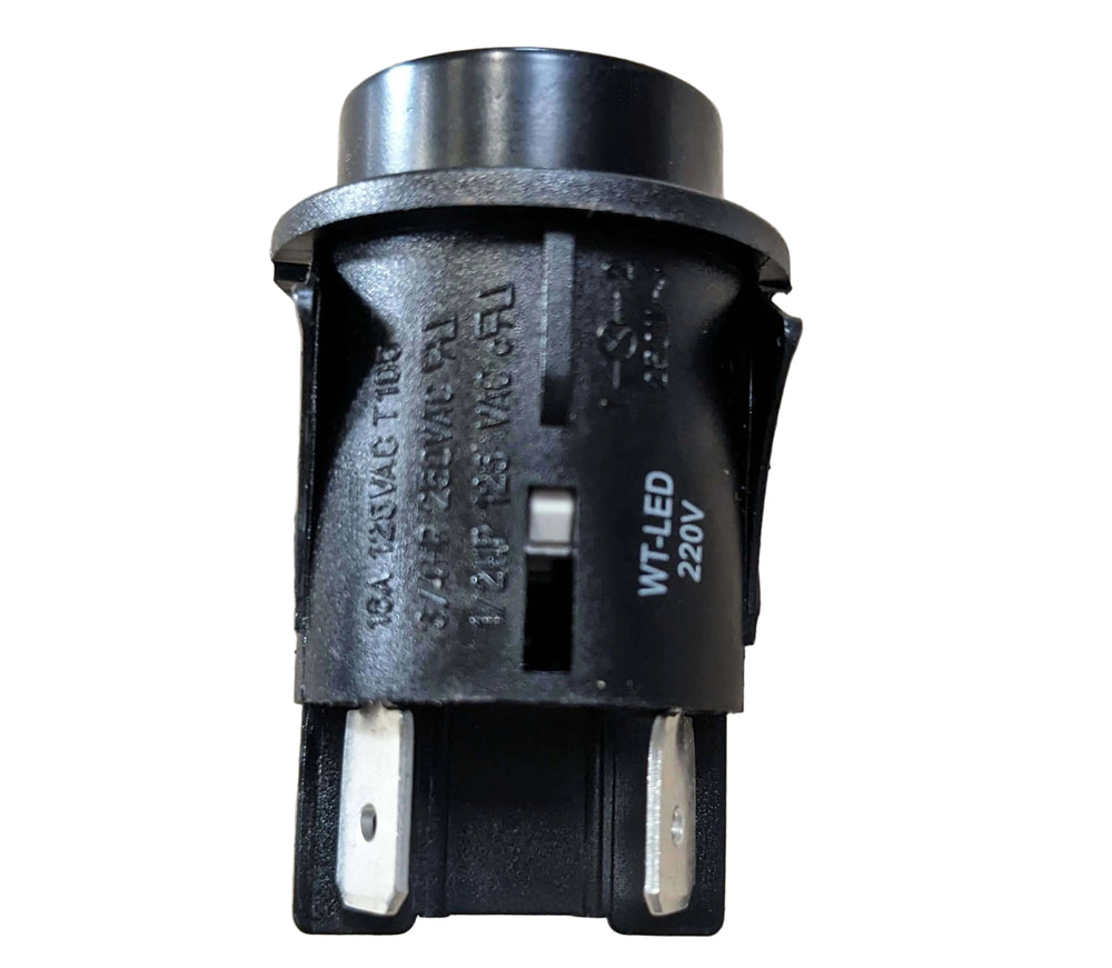 A close-up of the Genuine Effeuno On / Off Push Button Power Switch (P134, P150, P234 & N3) by Effeuno, featuring black housing, metal prongs, and engraved technical specifications. Resting on a beige textured surface—perfect as an OEM replacement switch or spare part for appliances such as the Effeuno oven power switch.