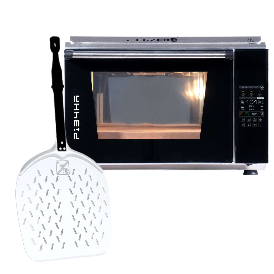 The Effeuno Evolution Line P134HA 509E Pizza Oven with Biscotto Stone, featuring a stainless steel finish and digital controls, is shown with a white perforated pizza peel—ideal for anyone wanting a professional pizza oven at home.