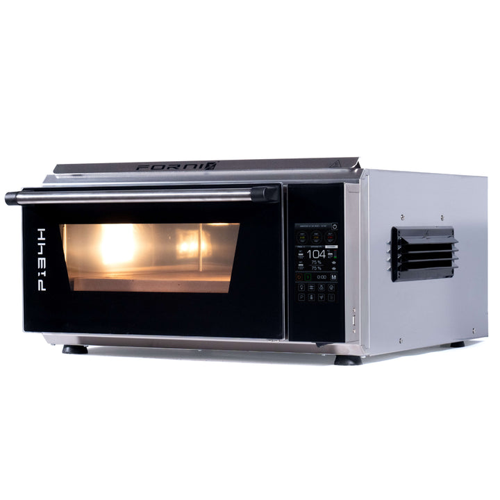 The Effeuno Evolution Line P134H 509E is a professional countertop toaster oven made of stainless steel, featuring a glass front door, side digital control panel, interior lighting, side ventilation panels, and the Forni brand displayed prominently on top. It includes a Biscotto Stone for optimal baking.