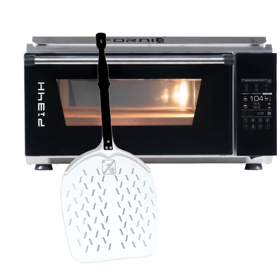 The Effeuno Evolution Line P134H 509E with Biscotto Stone, featuring a digital control panel and lit interior, stands behind a white perforated pizza peel with a black handle, showcasing professional innovation in pizza ovens.