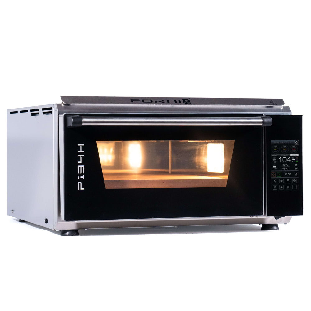 The Effeuno P134H 509E Extra Power by Effeuno is a modern stainless steel pizza oven with a black glass door. Its illuminated interior features a stone baking surface and a right-side digital display for temperature, humidity, and timer.