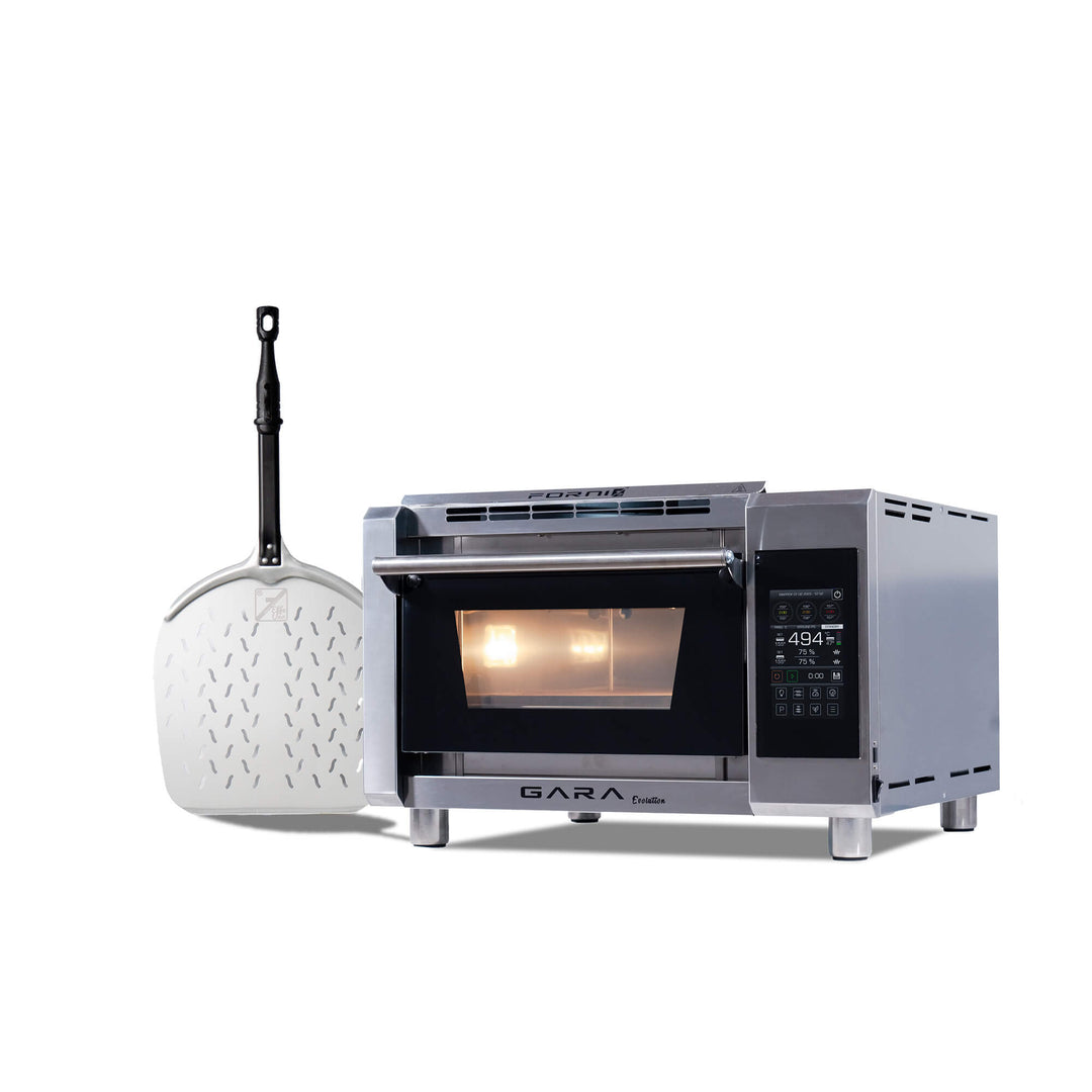 The Effeuno Pizza Oven P134 GARA-Evolution is shown beside a large metal pizza peel with a black handle, both set against a white background—ideal for baking Neapolitan-style pizzas at home.