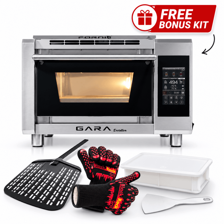 The Effeuno P134GE Gara Evolution Professional Electric Pizza Oven – 550°C by Effeuno is a stainless steel electric oven with a digital display, pictured alongside a pizza peel, gloves, brush, dough container, and scraper. Ideal for creating authentic Neapolitan pizza at home, this model features a "Free Bonus Kit" label in the corner.