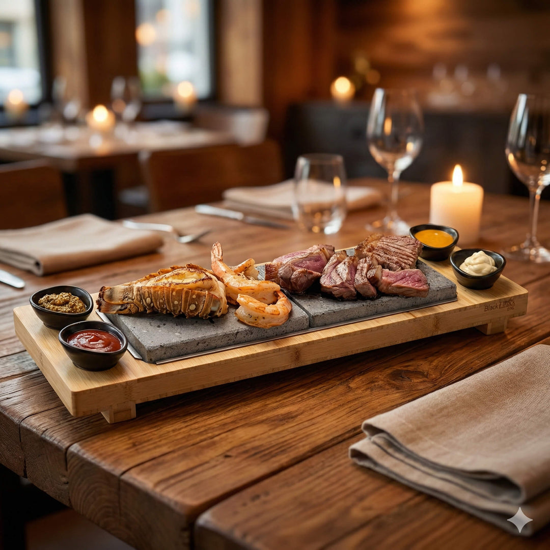 In a cozy, candlelit restaurant, the Black Rock Grill Sharing Lava Sizzler Finishing Warming Platter keeps steak, shrimp, and lobster tail warm on a natural lava stone, served with assorted dipping sauces, wine glasses, and napkins.