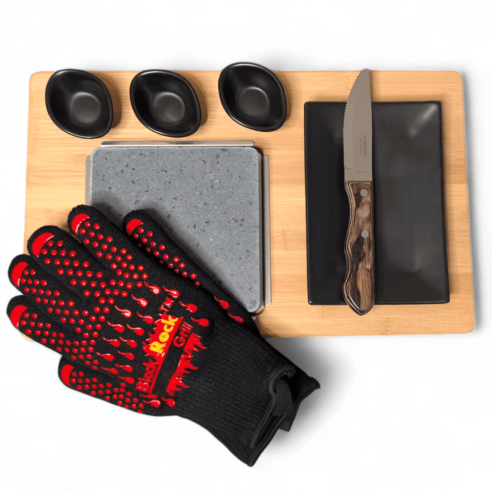 Black Rock Grill gift set featuring steak stone bamboo board matt black porcelain plate 500°C heat resistant gloves and Tramontina steak knife