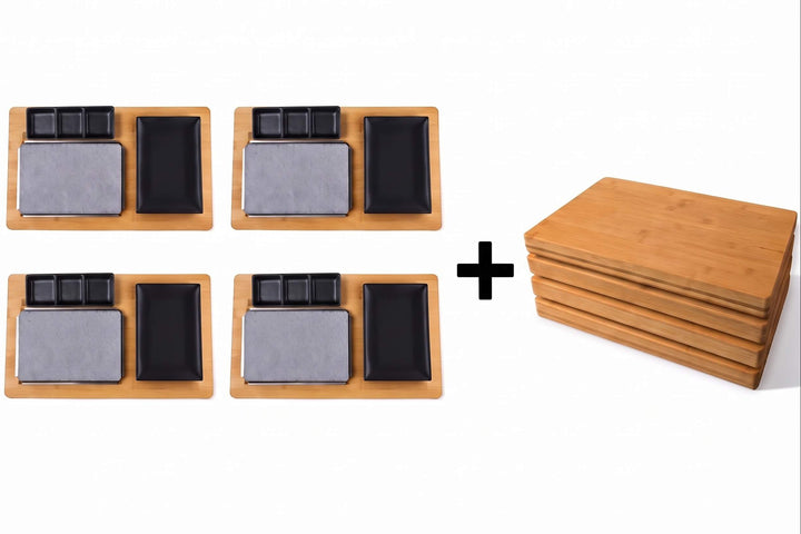 Four Black Rock Grill Black Steak Stone Cooking Sets, each featuring gray and black dishes reminiscent of the signature design, are arranged beside a plus sign and a stack of four plain bamboo boards—just like the FREE £19.99 Bamboo Board included with each set—all displayed on a white background.