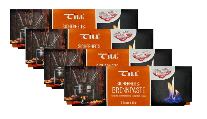 Five boxes of Black Rock Grill Till Brennpaste Fondue Fuel Gel are displayed, featuring a black pot, food, and blue flame on orange and black packaging with white and silver accents—perfect for fondue set burners.