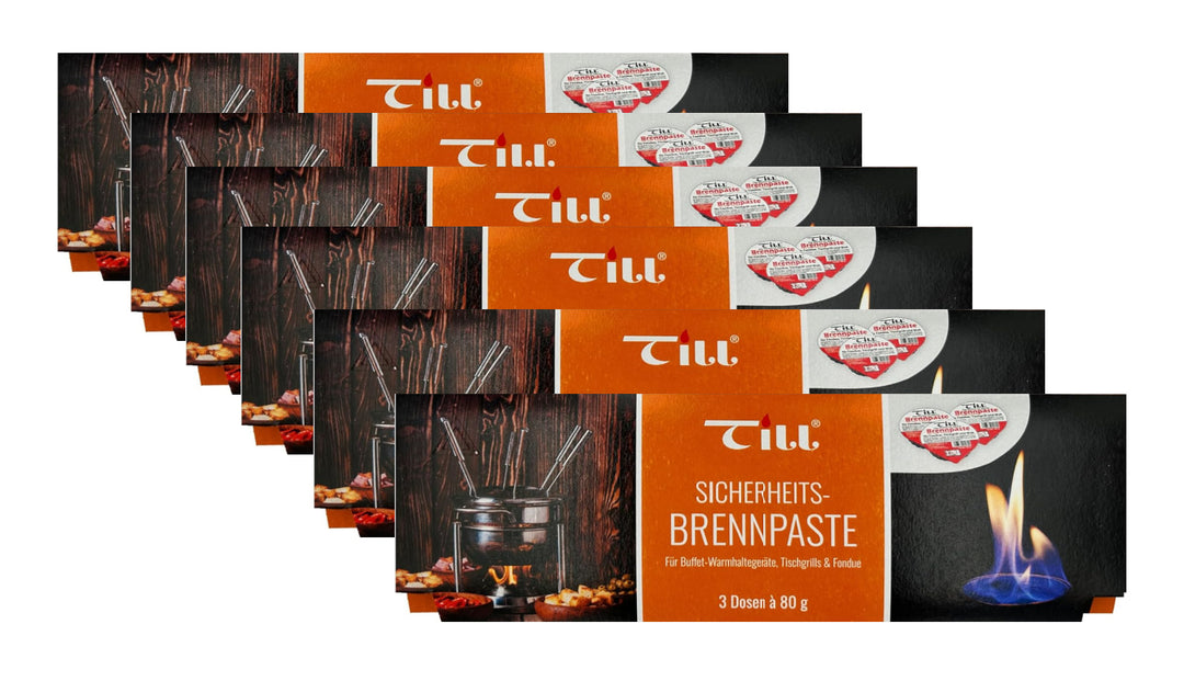Six packs of Black Rock Grill Till Brennpaste Fondue Fuel Gel are arranged in a staggered display. The orange and black packaging with flame and fondue pot details make it ideal for stone grill sharing. Each pack includes three 80g cans.