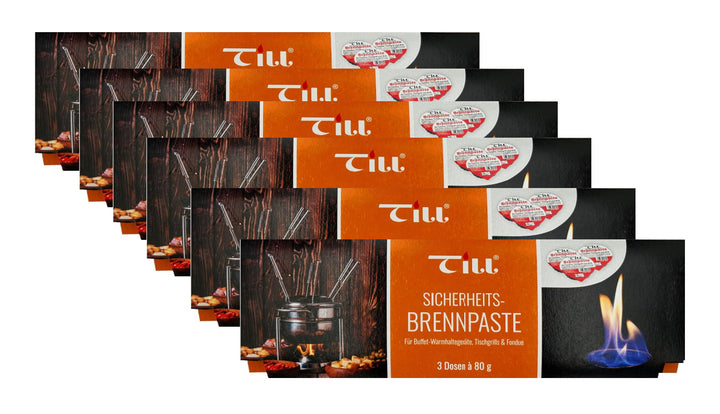 Six packs of Black Rock Grill Till Brennpaste Fondue Fuel Gel are arranged in a staggered display. The orange and black packaging with flame and fondue pot details make it ideal for stone grill sharing. Each pack includes three 80g cans.